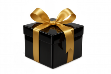 Glossy black gift box wrapped with a golden ribbon and bow, isolated on transparent background, perfect for festive designs