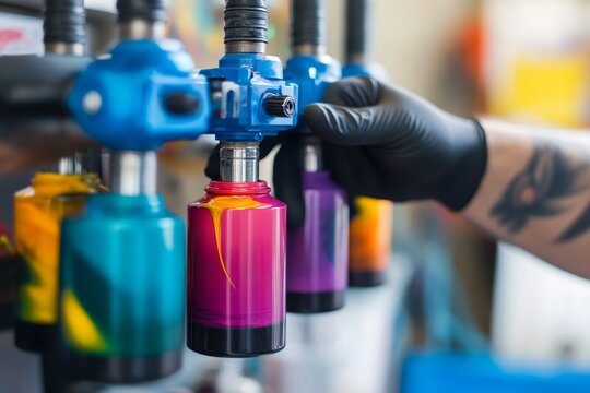 Primer plano de una aguja de tatuar llen&aacute;ndose de tinta del contenedor de tintas