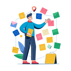 Creative man brainstorming innovative ideas using colorful sticky notes for project planning, business strategy, design thinking and teamwork success.