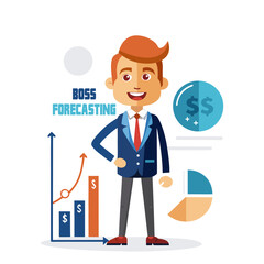 Confident Male Boss Forecasting Future Sales Growth with Data Charts and Business Strategy in Modern Corporate Office Environment Illustration