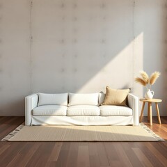 Fototapeta premium Warm neutral wabi-sabi style interior mockup with a low sofa jute rug ceramic jug side table and dried grass decoration set against an empty concrete wall background illustrated as a 3d book moc