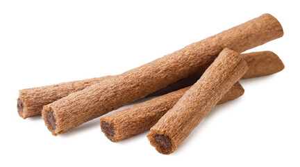 Chocolate waffle sticks close-up on a white. Isolated