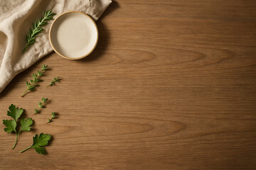 Rustic Wooden Tabletop with Herbs and Ceramic Plate – Minimal Background for Food or Product Design