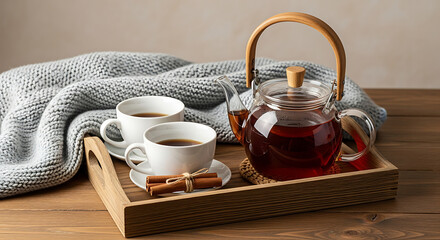 Still life of tea set with glass teapot and cups on wooden tray with blanket and cinnamon sticks ai generated