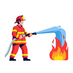 Firefighter in red uniform extinguishing a fire with a hose, spraying water on the flames.