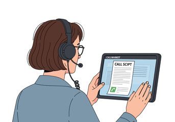 Woman with headset viewing a call script on a tablet, likely working in customer service or a call center.