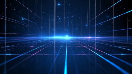 Obraz premium Futuristic Neon Grid Illustration Featuring Light Rays and Data Visualization on a Blue Background