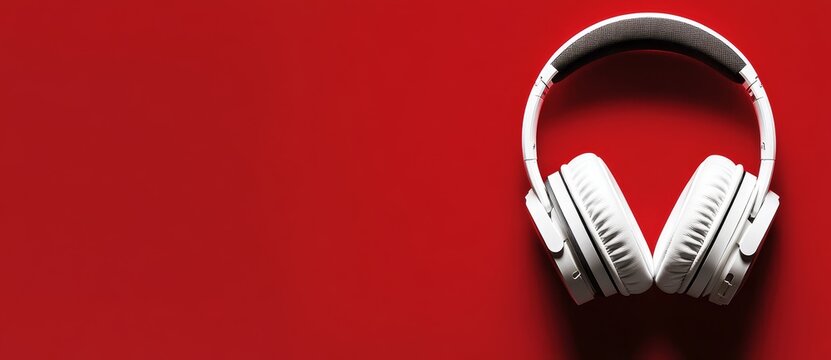 A flat lay composition featuring headphones and microphone on a red background, suitable for themes related to music or podcasts, with available copy space