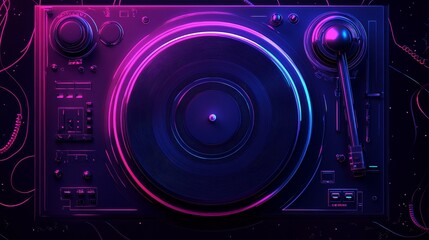 Neon turntable music vinyl depicted in modern flat illustration style