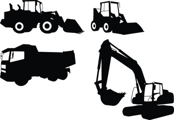 Construction, vehicle, silhouette, excavator, loader, dump truck, machinery, heavy, black, vector, equipment, industrial