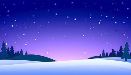 Winter night landscape with snowy hills and trees.