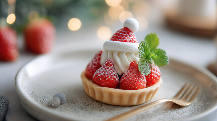 The small Christmas fruit tart is topped with a Santa hat made of strawberries and cream. It is placed on a white porcelain plate, with a soft warm light.