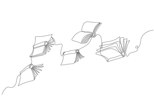 Minimal continuous one line drawing of flying books. Multiple open books appear to float or fly through the air, depicted in a simple and elegant continuous stroke. Vector style, editable line art.