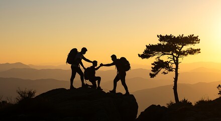 Fototapeta premium Teamwork and Support: Hikers Helping Each Other on a Rocky Mountain Peak at Sunset