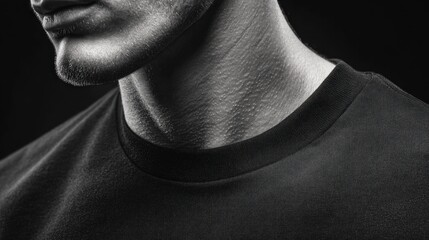 Intense monochrome close-up capturing the neck and upper chest of a man