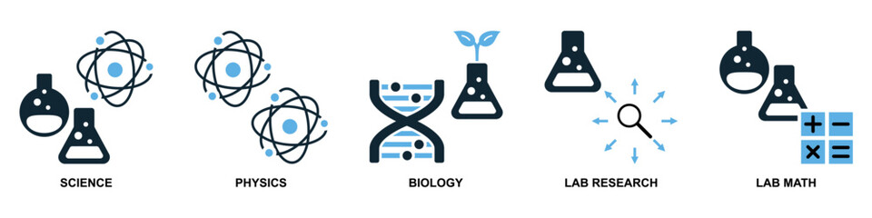 Set science icon vector for research, experiment, and discovery. Perfect for illustrating scientific fields like chemistry, biology, and physics with a modern design