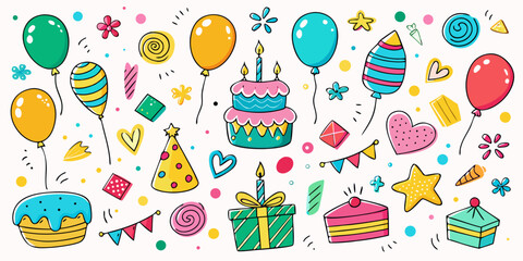 Celebrate joyfully with vibrant birthday party elements like festive cakes balloons gifts and cheerful decorations perfect for invitations cards and festive designs