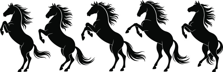 Horse, silhouette, rearing, black, animal, power, grace, motion, pattern, mane, vector, wild