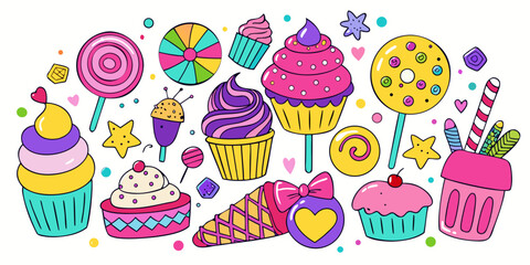 Vibrant collection of whimsical cupcakes, colorful lollipops, and sweet treats bursting with playful energy and delightful charm perfect for festive designs