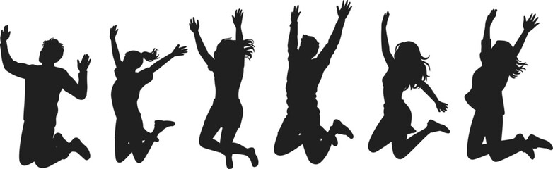 Jump, silhouette, people, energy, celebration, pose, action, vector, black, dance, joy, motion