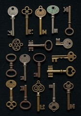 Collection of antique metal keys on a dark background