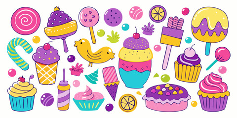 Delightful collection of vibrant, playful sweets and treats creating a cheerful, whimsical mood perfect for celebrations and sweet-themed designs