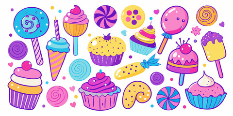 Whimsical collection of colorful sweet treats like cupcakes, lollipops, and ice cream popsicles, perfect for festive celebrations and joyful designs