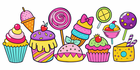 Vibrant collection of colorful cupcakes, ice cream cones, and lollipops creating a joyful sweet treat celebration perfect for parties and desserts