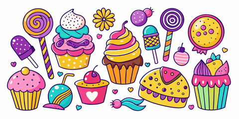 Vibrant collection of colorful cupcakes, lollipops, and sweet treats evoking joy and celebration, perfect for party invitations, dessert menus, or confectionery branding.