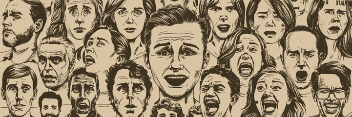 various people's facial emotion expression, happy, sad, shocked, scared, angry, laughing, crying, etc. Outline, hand drawn sketch, black and white ink style, Illustration.