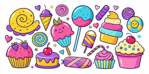 Delightful collection of cute, colorful kawaii-style sweets including cupcakes, lollipops, ice cream, and candy, perfect for cheerful designs and celebrations
