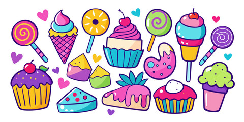 Vibrant collection of colorful cartoon sweets including cupcakes, ice cream cones, and lollipops, perfect for playful designs and celebrations