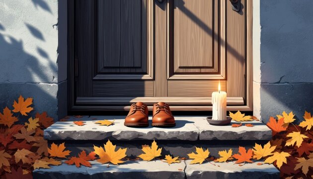 A wooden door with brown shoes placed on stone steps. A lit candle stands beside the shoes, surrounded by colorful autumn leaves. The scene evokes All Saints Day. - Powered by Adobe