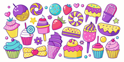 Delightful collection of colorful kawaii desserts and sweets, featuring cupcakes, ice cream, lollipops, and candies, perfect for playful and vibrant designs.