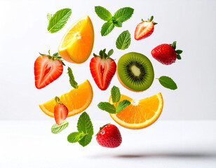 A vibrant explosion of fresh fruits and mint leaves creating a healthy and refreshing culinary composition