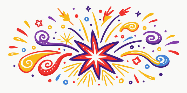 Explosive burst of vibrant celebratory confetti and swirling decorative elements in bright festive colors, perfect for party invitations and joyful announcements