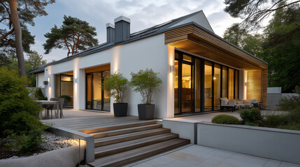 Fototapeta premium Scandinavian Style Villa Exterior with Soft Lighting