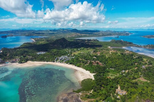 Aerial views of Andilana beach and Cocoa beach, Nosy Be &ndash; Madagascar's tropical paradise