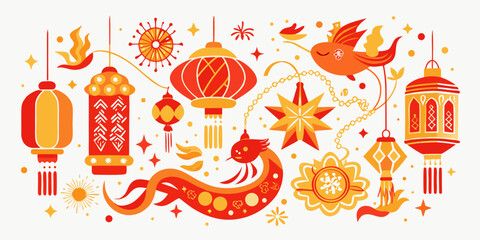 Vibrant Chinese New Year celebration with festive lanterns, lucky dragons, and auspicious symbols, perfect for holiday greetings and cultural events