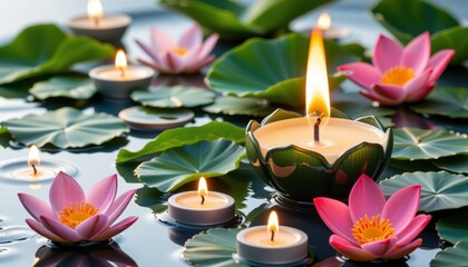 Serene Water Scene with Pink Lotus Flowers and Floating Candles Illuminating the Surface