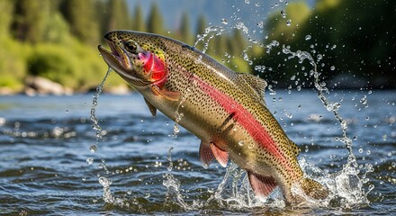 Rainbow trout jumping out of water for fishing adventure and outdoor recreation in nature river