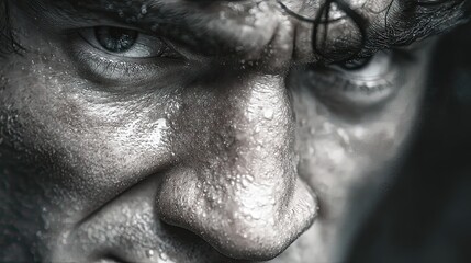 Obraz premium Close-Up Portrait of a Sweaty Man with an Intense Stare