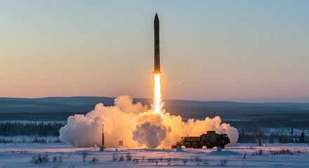 A missile launch from a mobile launcher in a snowy landscape, illuminated by the bright rocket engine