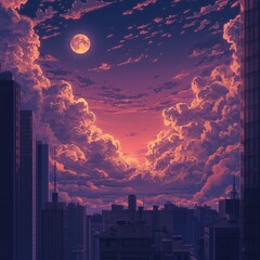 Luminous Moon over City.