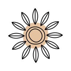 A minimalist sun illustration with a central circle surrounded by stylized leaves, embodying warmth and nature.