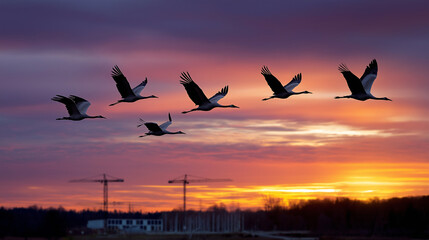 Fototapeta premium Cranes Silhouetted Against a Colorful Sunset with Copy Space