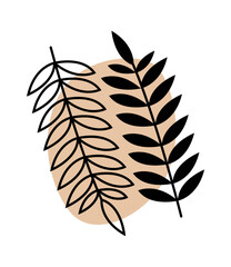 Elegant black and white illustrations of leaves against a soft beige background, showcasing nature's beauty with a minimalist touch.