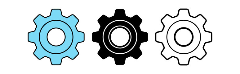 Three distinct gears in blue, black, and white tones represent innovation and mechanics.