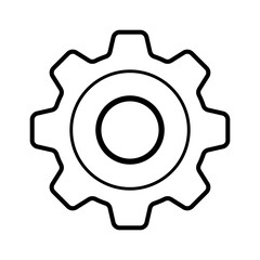 Simple black line illustration of a gear symbolizing engineering and technology.