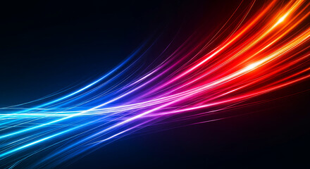 Vibrant streaks of blue and red light cross in a dynamic wave of energy. Abstract futuristic background showing speed, data flow, and modern technology.